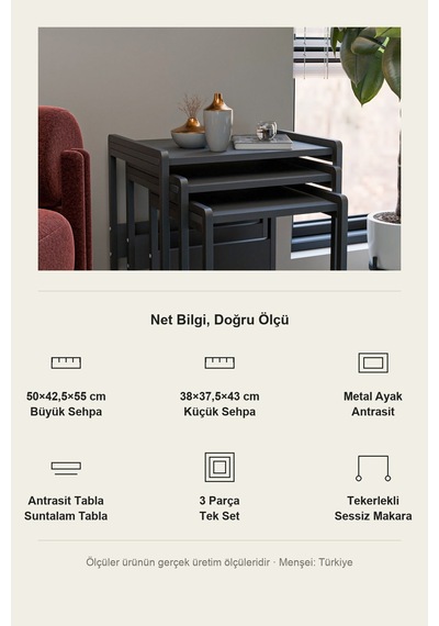 Vela 3'lü Zigon Sehpa Metal Karkas, İç İçe Geçen Sehpa Seti Antrasit