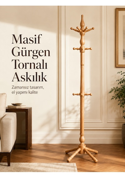Gündays Home Tornalı Askılık Naturel Masif Gürgen Ağacı El Yapımı