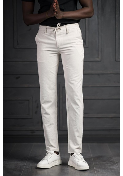 Perpant Slimfit Beli Lastikli Ve İplikli Likralı Çizgili Jogger Pantolon Krem