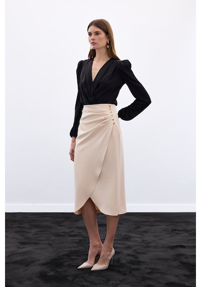 Sateen Düğme Detaylı Kalem Etek - Bej-136777 Bej