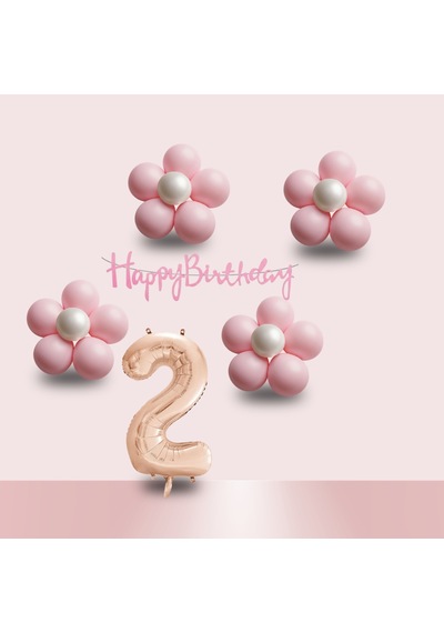 2 Yaş Pembe Papatya Temalı Rosegold Rakam Pembe Happy Birthday Banner Doğum Günü Süsleme