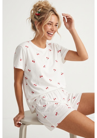 Siyah İnci İnce Soft Örme Mevsimlik Şortlu Pijama Takımı 8045 Kiraz