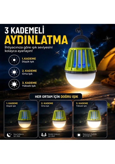 Şarj Edilebilir 3 Kademeli Kamp Lambalı Uv Işıklı Taşınabilir Askılı Sivrisinek Kovucu
