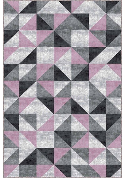 Pembe Geometrik Kaymaz Taban Makinede Yıkanabilir Halı Pr06n11