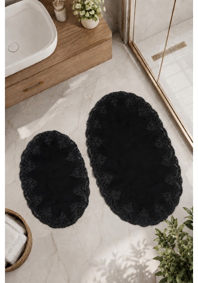 Beyaz 2'li Dantelli Kaymaz Deri Tabanlı Oval Banyo Paspası Güpürlü Yıkanabilir Banyo Takımı Piera Siyah