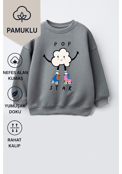 Monila Kız Çocuk 3 İplik Kumaş Pamuklu Popcorn Baskılı Sweatshirt Antrasit