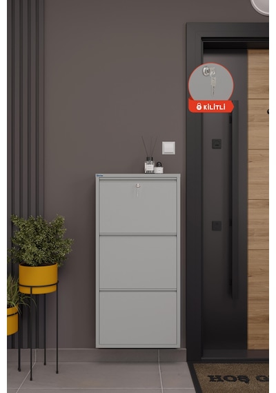 Ceha Kilitli 3'lü Metal Ayakkabılık - Gri K.AYK-3/P7035/KL