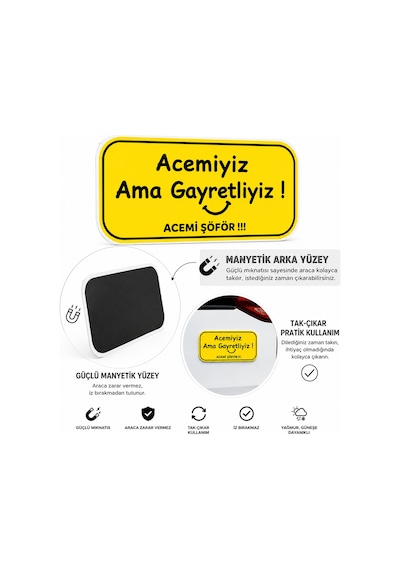 Mega Oto Market Acemi Şoför - Acemi Sürücü Magneti Tak Çıkar Manyetik Araba Bagaj Uyarı Levhası - Acemiyiz Ama Gayretliyiz