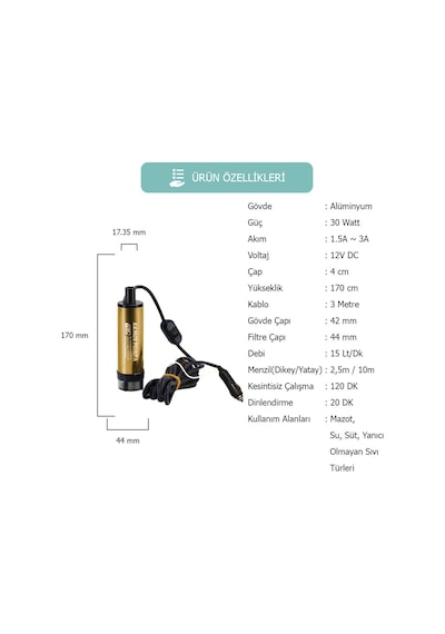 Kızılırmak 12 Volt Alüminyum Dalgıç Tipi Sıvı Aktarma Pompası Filtreli (Arapuar+Çakmaklık)