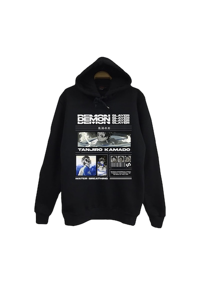 Demon Slayer Tanjirō Kamado Anime Baskılı Unisex %100 Pamuk Kapüşonlu Siyah Sweatshirt Siyah