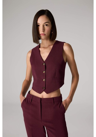Defacto Sorbe x DeFacto Regular Fit V Yaka Düğmeli Blazer Yelek D9928AX24AU Bordo