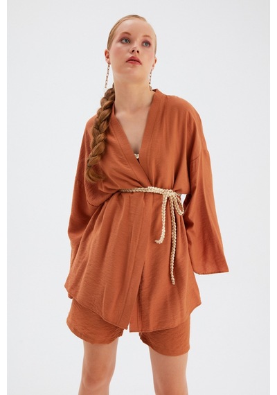 Sateen Kuşak Detaylı Salaş Kimono- Taba