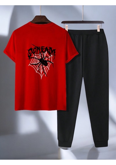 Uyguntarz Unisex Scream Siyah Tasarım Basklı Tshirt Eşofman Takımı Kırmızı