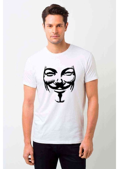 V For Vandetta Mask Baskılı Beyaz Erkek Tshirt
