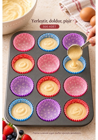 500 Adet Kağıt Muffin Kalıbı Cupcake Kek Kapsülü Desenli Puantiyeli Tek Kullanımlık Tatlı Sunum Kab Çok Renkli