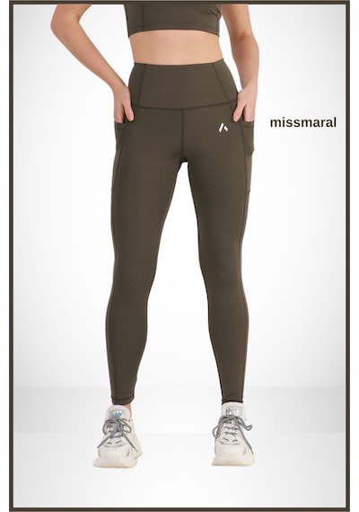 Kadın Tayt Haki Yüksek Bel Çift Cep Detaylı Mevsimlik Toparlayıcı Spor & Casual 1057 Haki