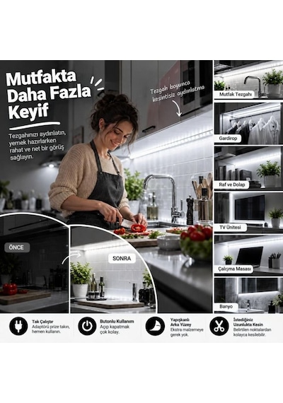 Şerit Led 5 Metre Mutfak Dolabı Tezgah Altı Aydınlatma Adaptörlü Butonlu Tak Çalıştır Sb-6556 Beyaz