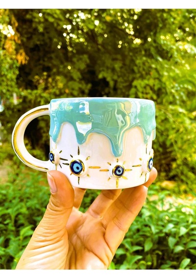Kalite 24 Ayar Kaplama El Yapımı Kupa 220 Ml Nazarlı Kupa Evil Eye Mug 22err Beyaz - Çok Renkli