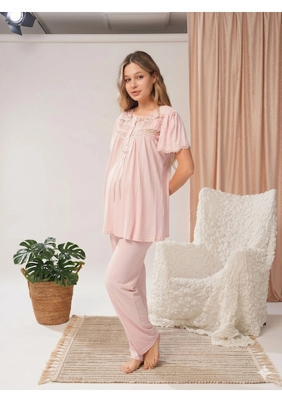Kocabey Bone 5806 Kadın 3'lü Sabahlıklı Lohusa Pijama Takımı Pudra