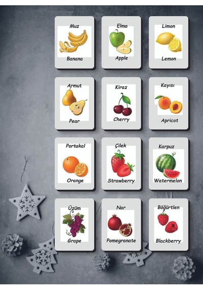 Ahşap Zeka Kartları Eşleştirme Oyunu Ahşap Puzzleoyuncak Meyveler Türkçe-ingilizce