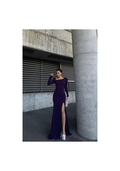 Lior Design Kadın Şık Model Kayık Yaka Taş Detaylı Uzun Kollu Abiye Elbise Mor