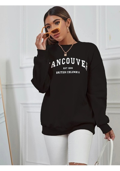 Oversize Vancover Baskılı Bisiklet Yaka Sweatshirt Siyah