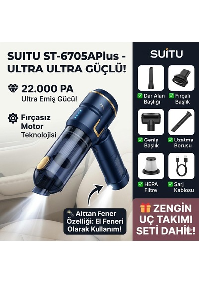 Suıtu St-6705aplus 22.000 Pa Ultra Güçlü Fırçasız Motorlu Kablosuz Araç Süpürgesi - Led Fenerli 3'ü 1 Arada Vakum Seti