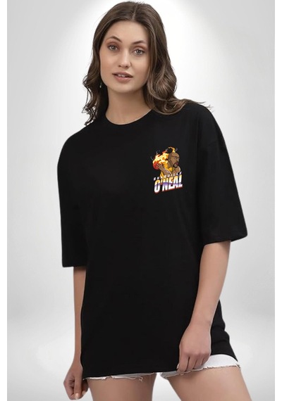 Basketbol Shaquille Oneal Star Ateş Topu Siyah Oversize Unisex Ön Sol Yan Minimal Baskılı Tişört Koyu Siyah