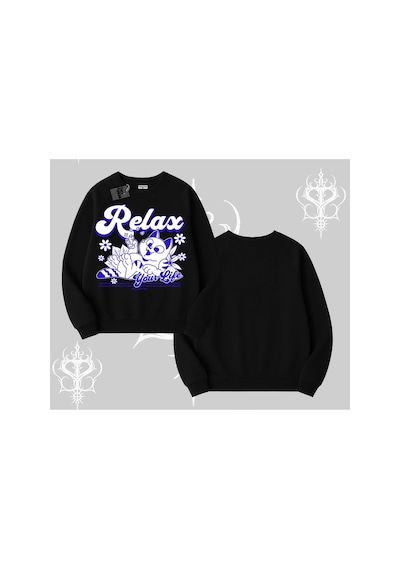 Tarzsokak Relax Kedi Baskılı Biskilet Sweatshirt Siyah