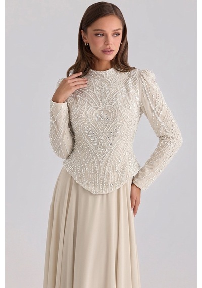 Olcay Pul Ve İnci İşlemeli Şifon Kombinli Büyük Beden Exclusive Tesettür Abiye Elbise Krem 1099 Olcay Pul Ve İnci İşlemeli Şifon Kombinli Büyük Beden Exclusive Tesettür Abiye Elbise Krem 1099