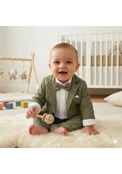 Baby Kids Colors Flamlı Keten Salaş Ceketli Takım Elbise/gömlek Pantolon Ceket Papyon Ay Grubu Zıbınlı Haki
