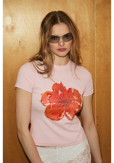 Grımelange Tıvat Kadın Yumuşak Ve Esnek Kumaşlı Baskı Detaylı Yuvarlak Yakalı Kısa Kol Pembe T-shirt