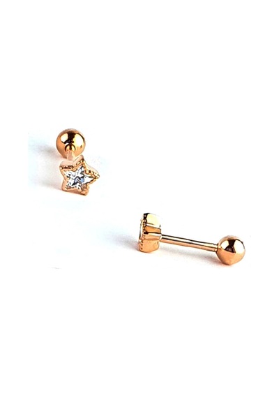 Pırlanta Parlaklığında Zirkon Taşlı 925ayar Gümüş Rose Altın Yıldız Figürlü Tragus Piercing Altın