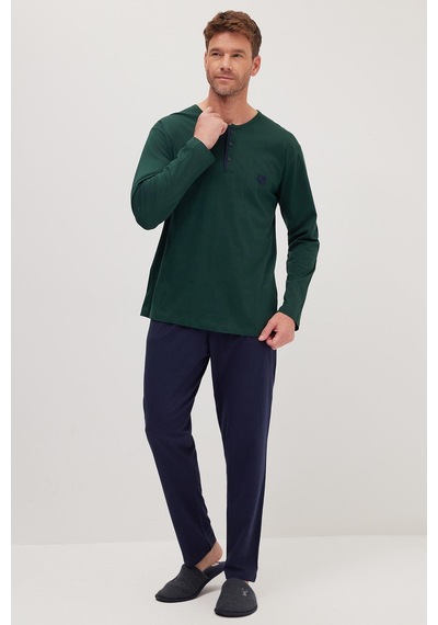 Tudors Erkek Standart Fit Normal Kesim %100 Pamuk Bisiklet Yaka Beli Lastikli Lacivert Pijama Takımı-37945 Lacivert