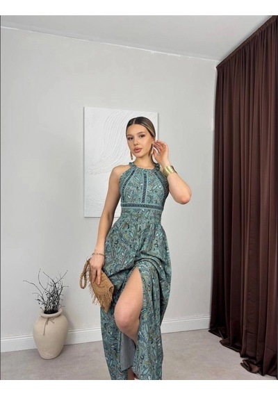 Elora Atelier Halter Yaka Sırt Dekolte Yeşil Maxi Elbise Çok Renkli