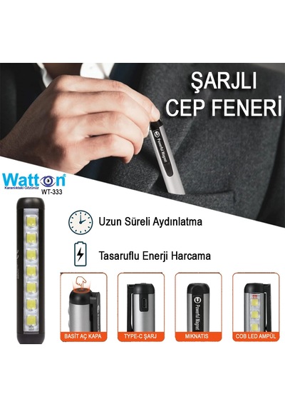 Type-c Girişli Miknatisli Şarjlı Cep Feneri Wt-333 Beyaz