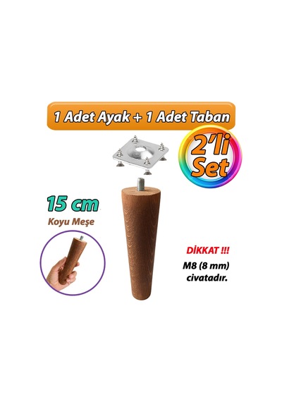 Ahşap Ayak 15 Cm 2'li Set Koyu Meşe M8 Civatalı Bağlantı Aparatlı Dolap Mobilya Koltuk Kanepe Destek Ayağı Ayakları Koyu Meşe