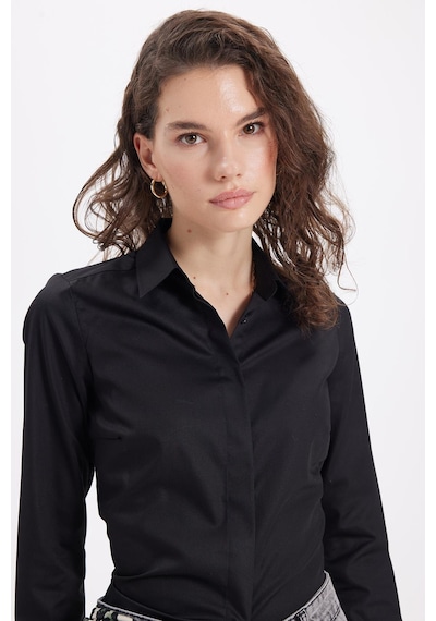 Tudors Kadın Slim Fit Non-ıron Pamuklu Vücuda Oturan Ütü Gerektirmez Pensli Siyah Gömlek-42045 Siyah