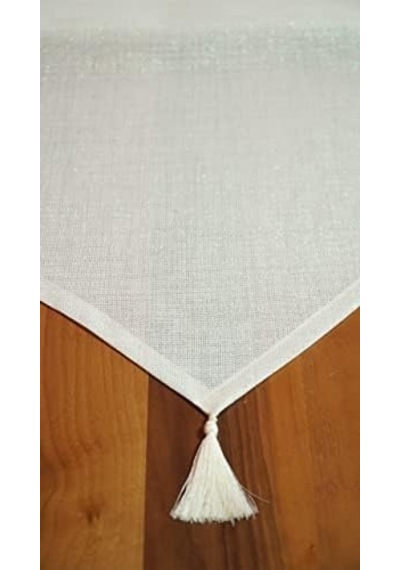 Simli Keten Runner Püsküllü, Kırık Beyaz, 45x150cm Açık Bej