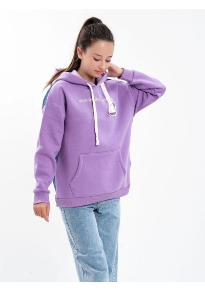Çocuk Kapüşonlu Sırtı Kot Detaylı Sweatshirt-13454-mor Mor