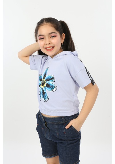 Toontoy Kids Toontoy Kız Çocuk Önü Çiçek Baskılı Tişört Mavi