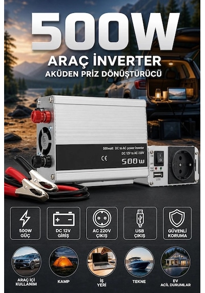 500w 12v Akü İnverteri 220v Ac Çıkışlı Usb Portlu Fanlı Güç Dönüştürücü Araç Karavan Kullanımı