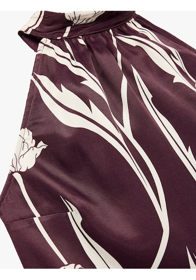 Koton Bağlama Detaylı Floral Desenli Halter Yaka Saten Bluz Bordo Desenli 6wak60123uw
