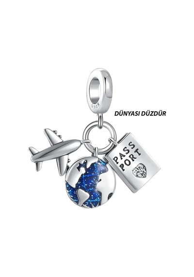 Uçak Düz Dünya Ve Pasaport Sallantılı Gümüş Charm Gümüş