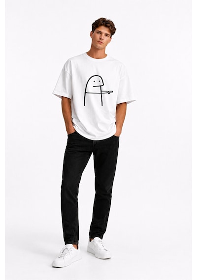 Nevermind Komik Çöp Adam Çift Tişörtü Oversize Unisex Sevgili Kombini Baskı Beyaz