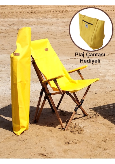 Joyfull Turtle Ahşap - Kollu Katlanır Sandalye -Sarı Kılıf-Çanta Sarı