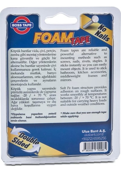 Boss Tape 2985 Çift Taraflı Köpük Bant 19mmx2m Çok Kuvvetli 15kg