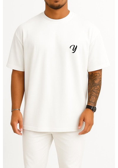 Bahriyeli Collection Oversize Y Harfi Cep Baskılı Unisex T-shirt Beyaz