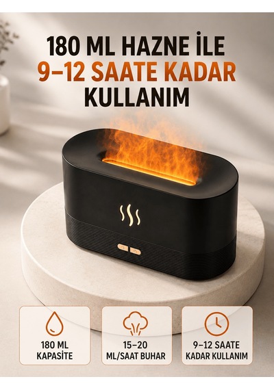 180 Ml Alev Efektli Aroma Difüzörü Ultrasonik Buharlı Aromaterapi