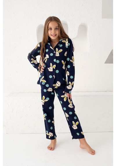 Siyah İnci Lacivert Pamuklu Düğmeli Pijama Takım